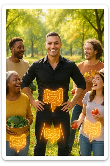  a smiling man stands at the center of a group of diverse, happy people in a bright park. Everyone has a subtle, glowing outline around their abdominal area, symbolizing a healthy gut. The group is laughing, sharing fresh fruits and vegetables, and the atmosphere is vibrant and full of energy. sticker