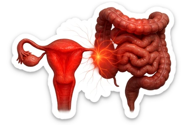 utero umano anatomico iperrealistico e intestino umano anatomico iperrealistico hanno in comune il dolore e l'infiammazione, rendi bene il collegamento tra i due organi doloranti, falla iperrealistica, non disegnata sticker