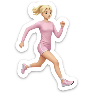 A girl in light pink tight-fitting sportswear, a long-sleeved fitted sweater and shorts is running, her hair is long, blonde, and straight, wearing white sneakers. sticker