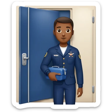 Black Man exiting door with lunch box that is navy blue sticker