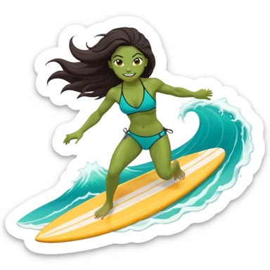 ork female surfer riding big turquoise wave, muscular green body, fierce tusked grin, sporty bikini top and board shorts, long windswept dark hair, focused eyes, surfboard under feet, minimal ocean and sky background, centered emoji, vibrant summer colors, sticker style sticker