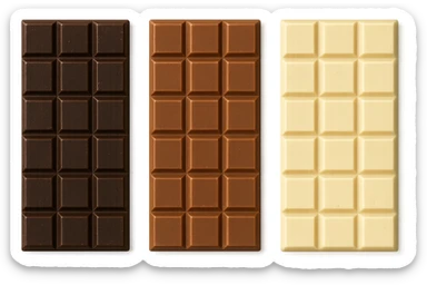 3 BARRETTE DI CIOCCOLATO, UNA FONDENTE, UNA AL LATTE E UNA BIANCA, VISTE DALL'ALTO, IPERREALISTICO 4K sticker