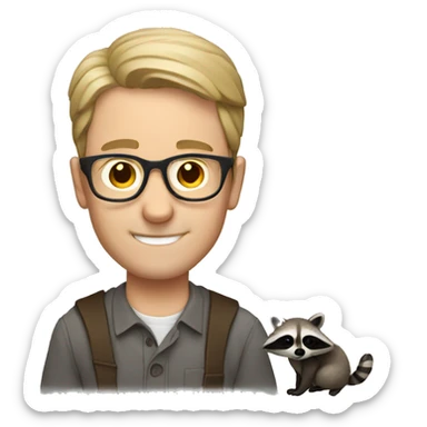 White Man with glasses holding raccoon sticker