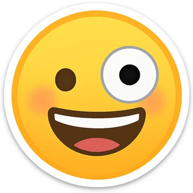 Make this a classic smiley yellow circled emoji with one large and one small eye, in the style of Emojipedia. Keep the background transparent. sticker
