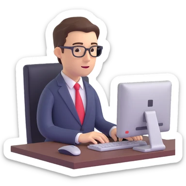 A person in a business suit working on a computer sticker