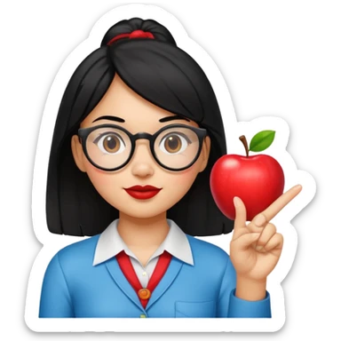 Guatemalan Girl with Black hair and Nerdy Glasses sticking up pointer finger, holding an apple sticker