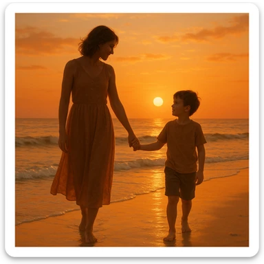 A mother and son walking hand in hand at the beach during sunset, warm colors, peaceful atmosphere sticker
