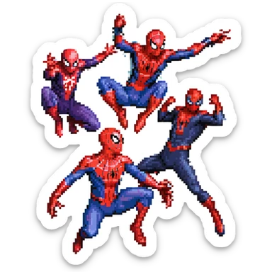 pixel art of three Spider-Mans in action each with distinctive suit Tobey Maguire red-blue web-shooter, Andrew Garfield red-blue agile, Tom Holland red-black swinging, all using webs fighting together sticker