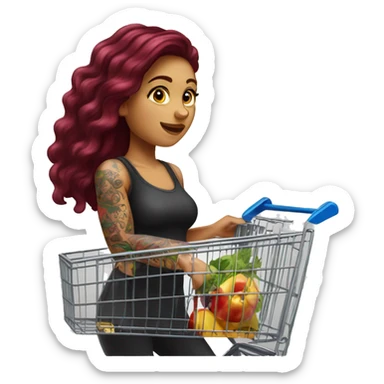 Beautiful tattooed burgundy long haired woman pushing shopping cart sticker