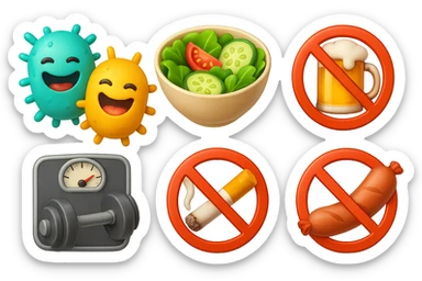 emoji stile iphone di: due batteri intestinali felici, una bowl di insalata, una bilancia pesapersone, manubri da palestra, e un boccale di birra con divieto 3d sopra, una sigaretta con divieto 3d sopra e un wurstel con divieto 3d sopra, fluttuano in aria, iperrealistico 4k sticker