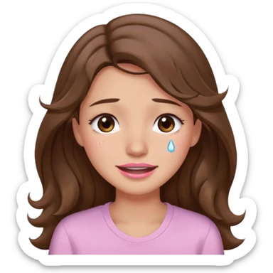 girl with wavy long brown hair, brown eyes, light to medium complexion, long lashes, light pink lipstick, wearing light pink shirt, smiling, crying  sticker