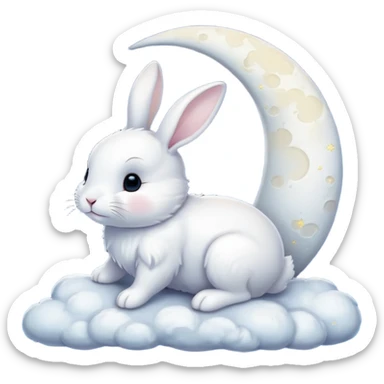 a white bunny in the foreground (no small details) and a large crescent moon in the background sticker