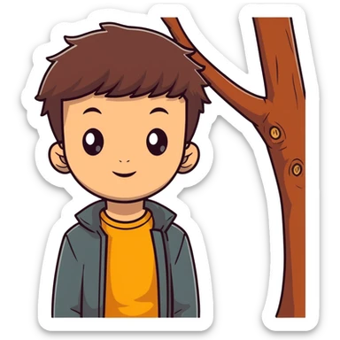 boy with brunette hair brown eyes and tree behind sticker