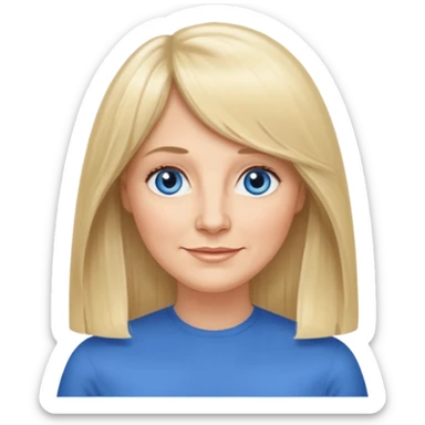 50 yr old white woman, curtain bangs, very long straight blond hair, oval face, small smile, blue eyes, thin face, hair down to elbows, round cheeks, pale, longer hair sticker