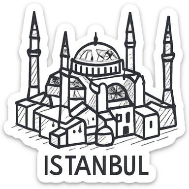 Isometric illustration of Istanbul, featuring real photorealistic Hagia Sophia with ts large central dome and four tall minarets, with real transparent background sticker