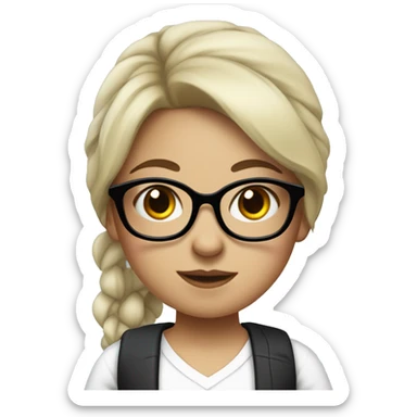 Girl with black hair and white shirt with black pants, wearing glasses with birth mark sticker