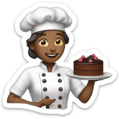 A pastry cook eating a chocolate cake sticker