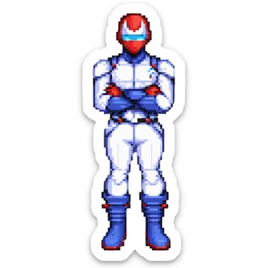 Omni-Man from Invincible, standing with arms crossed, blue and white suit, red boots and gloves, determined look, pixel art style sticker