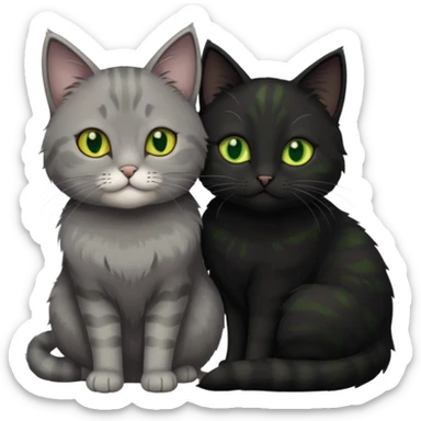 1 grey cat with green eyes and 1 black with yellow/green eyes cat cuddling sticker