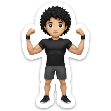 full body view of muscular teen boy with veiny hands arms and biceps. has messy black curly hair with dark-tan skintone with black tshirt sticker