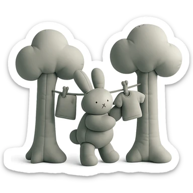 bunny hanging laundry between trees, calming domestic forest feel, cushion style, high quality, no imperfections sticker