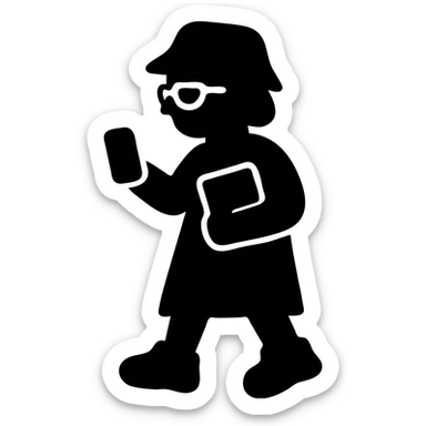 Gen Z librarian granny with bucket hat, chunky sneakers, glasses, holding a phone and a book, solid icon sticker