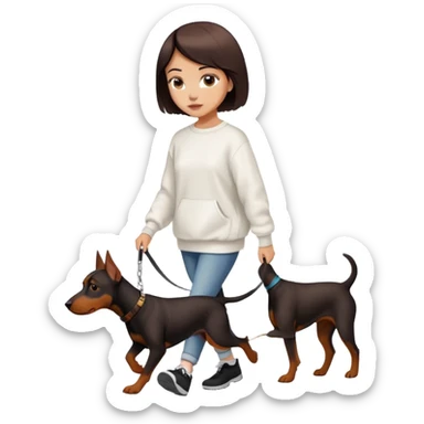 Beautiful short-haired girl in a white sweatshirt walking her Doberman sticker