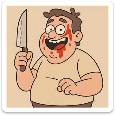 funny man holding a knife, ketchup on face, comic style, emphasized harmless, friendly style, simple background sticker