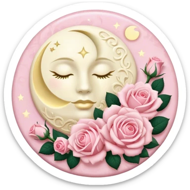 A round cream button with a full damask style moon and light pink roses in the center sticker