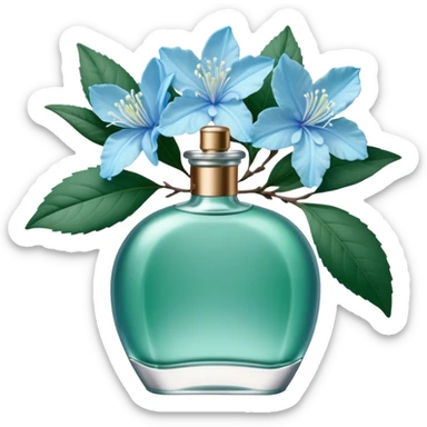 Aesthetic ensemble of soft blue azaleas alongside a charming vintage green perfume bottle.
 sticker