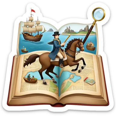Collage for Reading Fiction: large open book with pages turning into with musketeers on horseback, Sherlock Holmes with a magnifying glass standing nearby, treasure island map. The icon should evoke the adventure and romance of exploring fictional worlds. Transparent background sticker