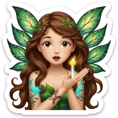forest fairy woman long wavy brown hair tattoos blowing glowing kiss sticker