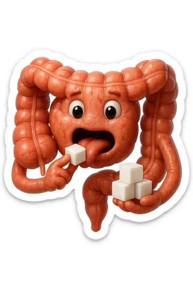 emoji stile iphone di un intestino anatomico che mangia zollette di zucchero, iperrealistico 4k, isolato su sfondo bianco sticker