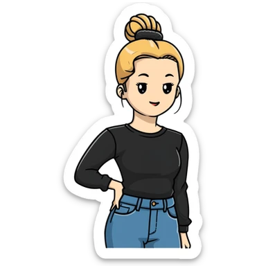 blond woman with bun, long sleeve black shirt, and jeans sticker