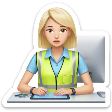 Gender: Female Hair: Practical bob with wireless logistics earpiece Face: Stress pimple on chin Clothes: High-vis vest over ERP system print blouse Action: Dragging holographic shipment nodes on touch table sticker