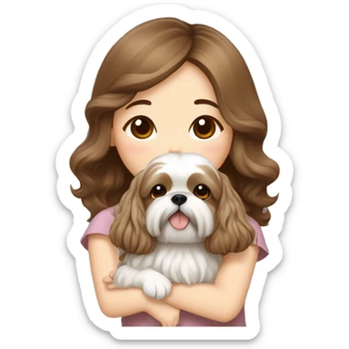 long brown wavy hair korean girl hugging cream colored shih tzu sticker
