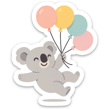 koala floating with pastel balloons, happy face, pastel-toon style sticker
