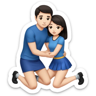 man with dark hair on knees, facing dark haired woman in a micro mini skirt, hugging her waist sticker