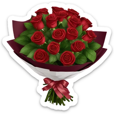 Bouquet of red roses in a burgundy package sticker