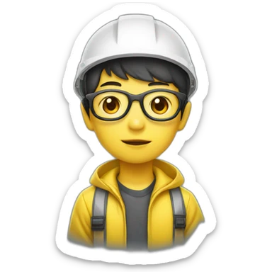 chinese boy with very thick lip small eyes with glasses wearing yellow rain jack and white safety helmet sticker