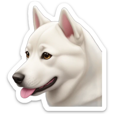 White Jindo dog with pink nose sticker