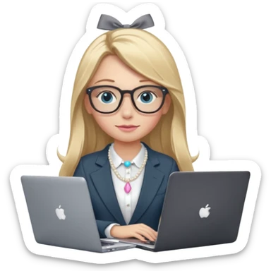 Please take the girl with laptop emoji and make her glassess light brown, her eyes ocean blue and her nose a bit smaller and pointier and she has blonde very long hair and a dark grey suit and pearls necklace, and has a laptop in fron of her and a tiny pink bow on the left side of her head sticker
