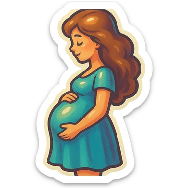 pregnant girl in dress standing sideways holding belly, retro stickers style, soft rounded shapes, expressive contours, vintage color palette, light paper texture, shadows and highlights, transparent background sticker