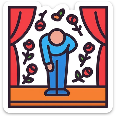 a person on stage bowing, surrounded by roses thrown by fans, clean modern icon style sticker