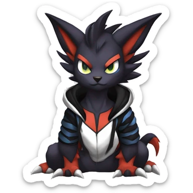 Cool Anthro Black Noivern-Absol-Litten-Pokémon with edgy stripes hoodie spiked collar punk Full Body sticker