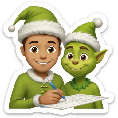 a man sketching architectural plans, with a mischievous Grinch smile sticker