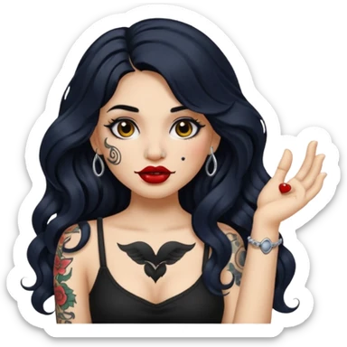 I want to create a female emoji with long black wavy hair and arm tattoo with her nose pierced and black lip stick sticker