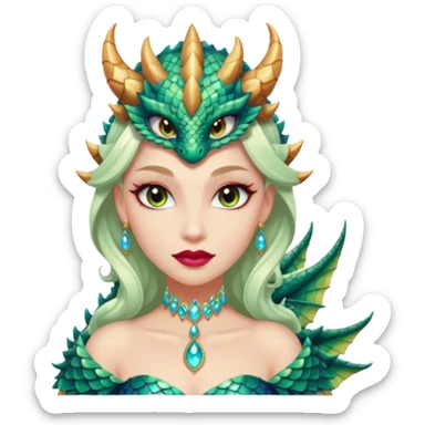 Am amazing blend of a half dragon woman with glittering jeweled scales covering her body. She has large almond shaped eyes, lush lips, and she wears a stunning luminescent gown. sticker