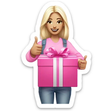 white skinned influencer advertising pink gift box in hands and thumbs up sticker