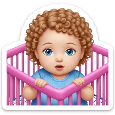 Deep Blue-eyed baby girl with short light brown curly hair, chubby pink cheeks, in playpen  sticker